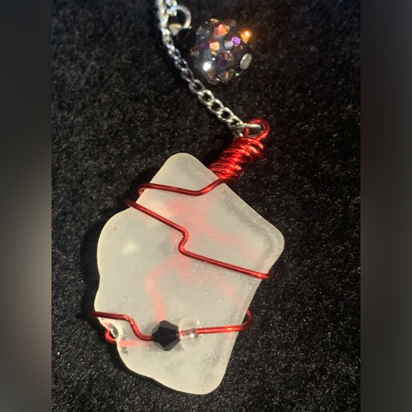 White Seaglass Key Chain Wrapped in Red Wire Beads Cape Breton - Picture 2 of 6